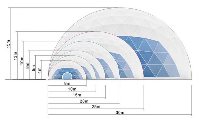 Estructura de acero geodésica inoxidable del diámetro los 5-30m de la tienda de la bóveda de la tela colorida del PVC